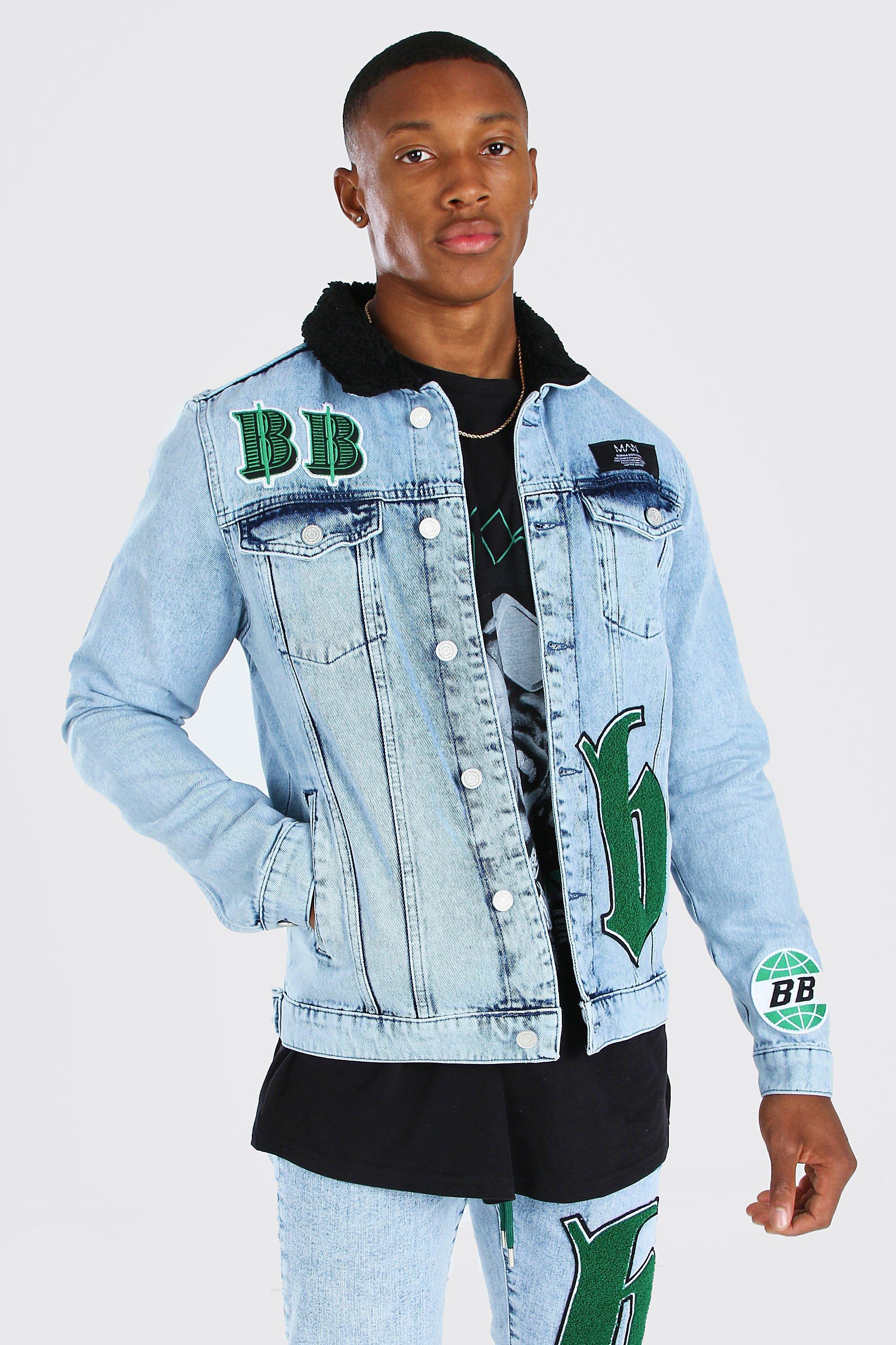 Men s Burna Boy Borg Collar Denim Jacket With Badges Boohoo UK